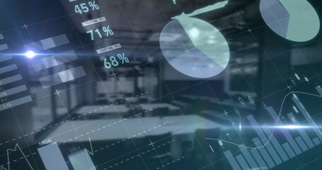Poster - Financial data processing over world map against empty office in background