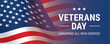 Veterans day horizontal banner vector design, with waving closeup USA flag and Honoring All Who Served memorial text.