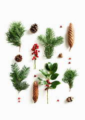 Wall Mural - collection of various conifers and cones on white background.
