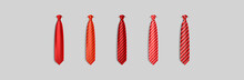 Set Different Red Ties Isolated On Gray Background. Colored Tie For Men. Vector Plain Illustration