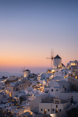  Sunset landscapes of the village Oia in Santorini Island in Greece
