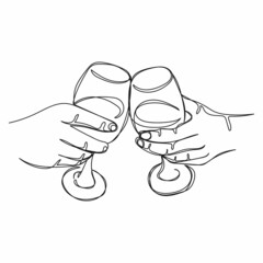 Continuous one single line drawing of toast with two glasses of wine celebration in silhouette on a white background. Linear stylized.