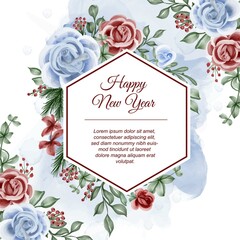Wall Mural - floral frame with rose red blue theme winter new year background