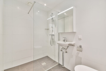 Poster - Interior of a white bathroom with a shower and a sink