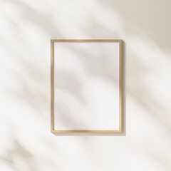 blank wooden frame mock up with leaves shadows and sunlight on white wall background, 3d rendering