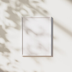 Wall Mural - empty white frame mock up with leaves shadows and sunlight on white wall background, 3d rendering