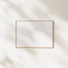 Wall Mural - blank wooden horizontal frame mock up with leaves shadows and sunlight on white wall background, 3d 