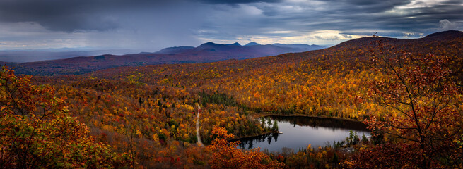 Baker Pond, heart-shaped, in autumn in the Eastern Townships, Quebec Canada