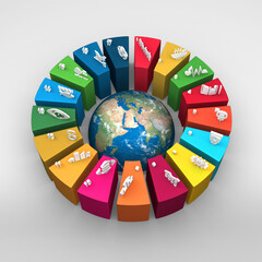 Wall Mural - Colorful Sustainable Development Wheel over the earth isolated on white grey background for Corporate social responsibility project. Concept to achieve Sustainable Development. 3D illustration.