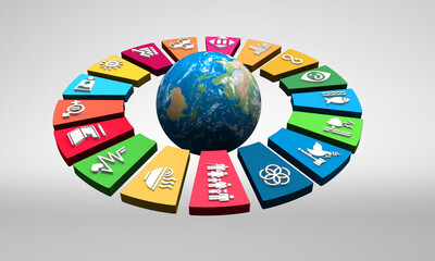 Wall Mural - Colorful Sustainable Development Wheel over the earth isolated on white grey background for Corporate social responsibility project. Concept to achieve Sustainable Development. 3D illustration.