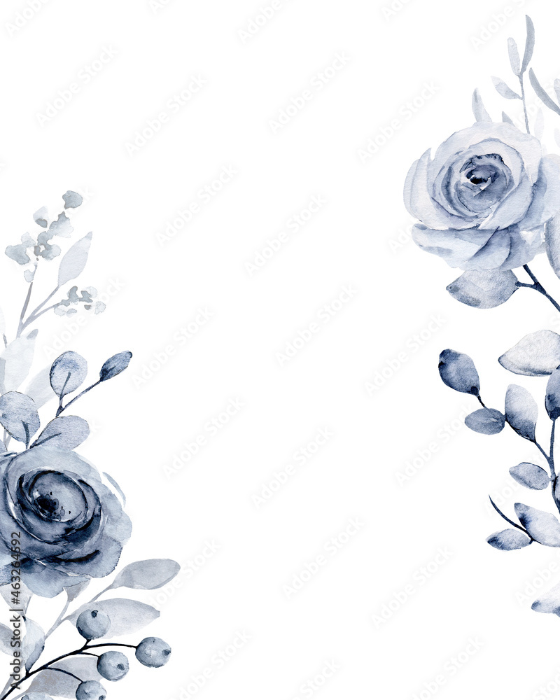 Watercolor blue floral frame for greeting card, invitation and other ...