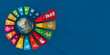 Colorful Sustainable Development Wheel over the earth on black background for Corporate social responsibility project. Concept to achieve Sustainable Development for a better world. 3D illustration.