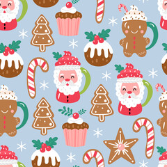 seamless pattern for christmas holiday with cute hot chocolate cup amd cookies. childish background 