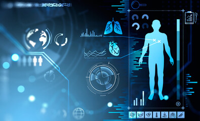 Poster - Digital interface with hologram of human body and hud icons