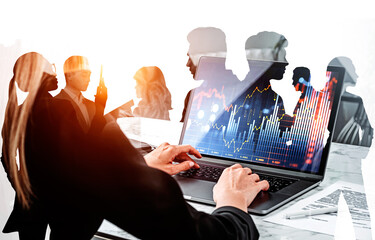 Poster - Businesswoman typing on the laptop, screen with graph chart and candlesticks