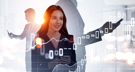 Poster - Business people with devices, graph changes lines and bars with candlesticks