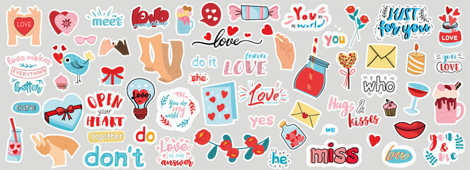 Very large set of Love stickers with assorted text and romantic icons for design elements, colored vector illustration