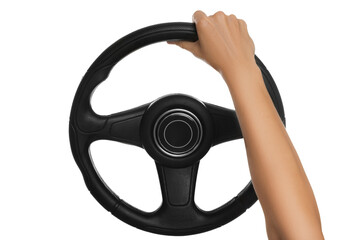 Woman with steering wheel on white background, closeup