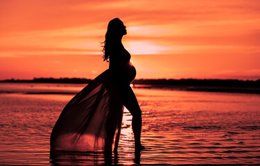 Wall Mural - Shot of a pregnant woman silhouette posing at the sea with sunset on the sea at golden hour