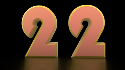 Poster - Yellow 3d 22 on a black background. New Year. Christmas. Rendering.