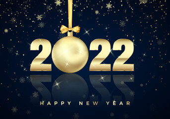 Wall Mural - new year poster with greeting text on blue background. golden christmas ball instead of zero in 2022