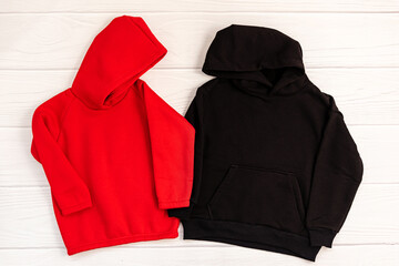 Red and black sweatshirt with a hood mockup template.
