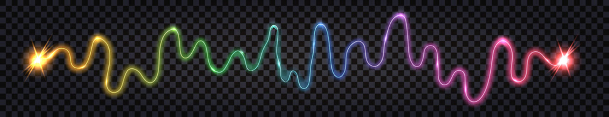 Wall Mural - Electric wave swirl , impulse wire. Spectrum color light effect, lightning thunder bolt, power energy electricity cable. Isolated on dark background. Vector illustration