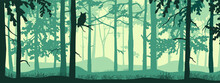 Horizontal Banner Of Forest Background, Silhouettes Of Trees, Owl On Branch. Magical Misty Landscape, Fog. Blue And Green Illustration. Bookmark. 