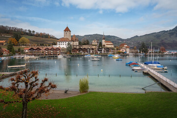 Sticker - Spiez Marina at Lake Thun and Spiez Skyline with Spiez Castle and Castle Church - Spiez, Switzerland