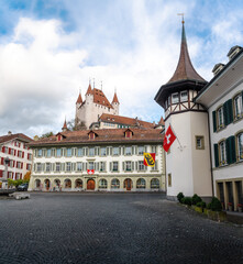 Poster - Town Hall Square (Rathausplatz) with Thun Castle (Schlossberg Thun) on background - Thun, Switzerland