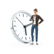 3d Impatient Cartoon Man Standing In Front Of Clock