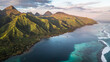 Paradise island sunset with mountains and coral reefs. French polynesia, Tahiti, Teahupoo