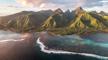 Wall Mural - Paradise island sunset with mountains and coral reefs. French polynesia, Tahiti, Teahupoo