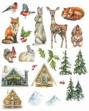 Watercolor Christmas Elements In The Form Of Houses, Bullfinches, Snow-capped Mountains, Village Houses, Leaves And Berries, Snow-covered Conifers, Wild Animals, Deer, Fox, Squirrel, Hare.
