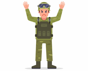 a captured soldier raises his hands and surrenders. Flat character vector illustration.