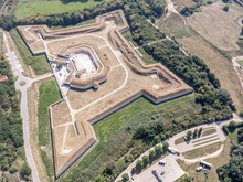 Aerial View Of Csillagerod Or Star Fort Newly Restored Fortification Multi Function Conference Center With Casemates In Komarom Hungary Part Of A Larger Complex Fortification System Around The Border