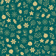 Christmas vector seamless pattern with gold winter floral elements and Christmas tree decorations on green background. Christmas and New Year wrapping paper.