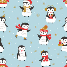 Christmas Vector Seamless Pattern With Cute Little Penguins On Blue Background. Christmas Wrapping Paper For Children