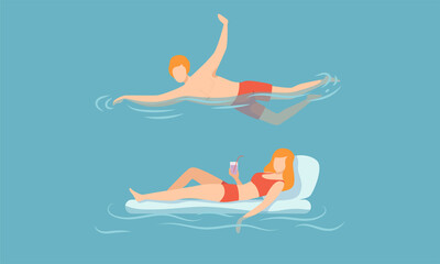 Canvas Print - Man and Woman with Rubber Mattress Floating in Blue Sea Water Vector Set