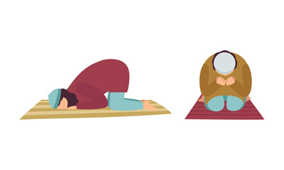 Sticker - Muslim People Character in Traditional Clothing Praying on Carpet Bending Knees and Head Vector Illustration Set