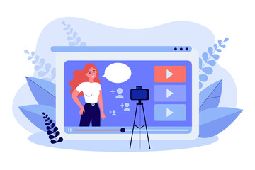 Poster - Blogger recording video on smartphone camera for blog audience. Girl increasing number of followers flat vector illustration. Viral video content concept for banner, website design or landing web page