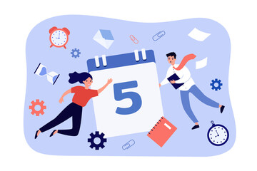 Wall Mural - busy business people flying near calendar with deadline date. team of tiny office workers working fl