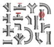© Bro Vector - Steel pipes cartoon vector illustration set. Isolated icons of metal pipeline connection, valves, flanges, drains for water or oil system..Industrial plumbing, engineering, tube construction concept.