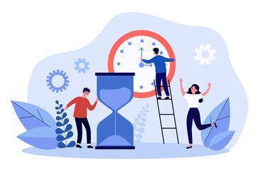 Poster - businessman moving hands of clock, meeting deadline. team of tiny efficient business people working 