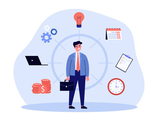Poster - businessman with multi skills planning work task. man organizing workflow flat vector illustration. 