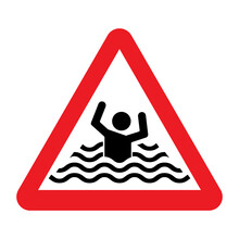 Risk Of Drowning Warning Sign. Vector Illustration Of Red Triangle Sign With Sinking Man. Caution High Water Level. Deep Ocean, Sea And Lake Concept. Deep Water Symbol. Symbol Used Near Water Body. 