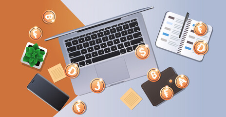 Poster - golden coins on laptop cryptocurrency blockchain technology digital currency concept