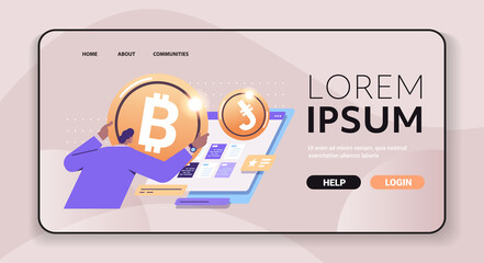 Poster - businesswoman holding golden crypto coin cryptocurrency mining virtual money digital currency blockchain