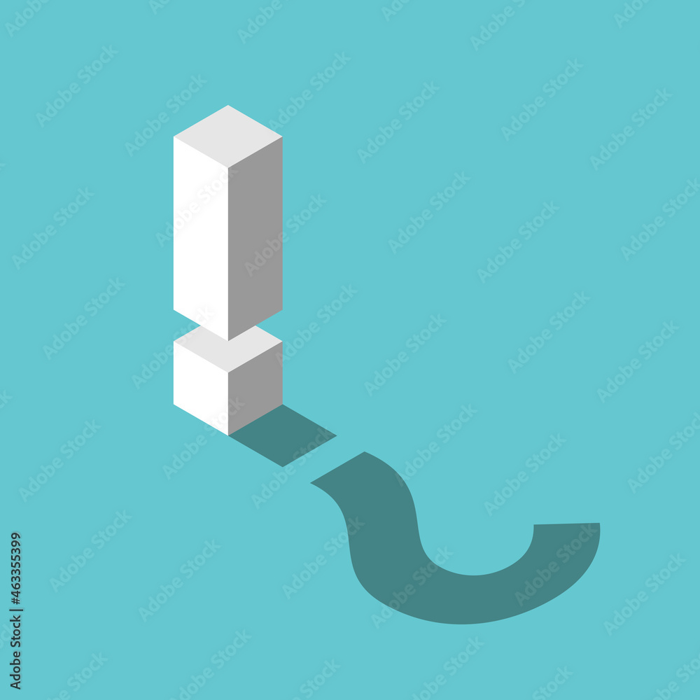Isometric exclamation mark, question shaped shadow. Hidden reason ...