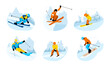 Set of skiers isolated on white background. Skier rides, jumps, slides in mountains. Ski actions: downhill, slalom, freeride, ski jumping, freestyle. Skiing in winter Alps. Vector illustration